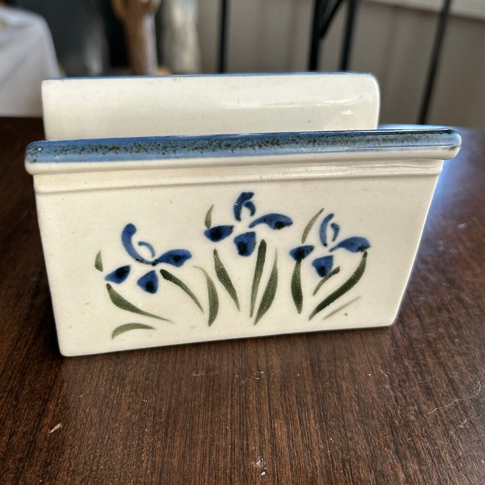 Vintage Signed Vintage Studio Art Pottery Napkin Holder Blue Iris Floral White